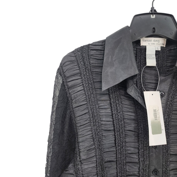 Samuel Dong Women's Retro Textured Crinkle Button Front Lightweight Top - L - Picture 2 of 8